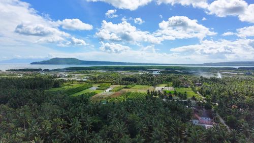 Free Aerial photo showcasing a tropical landscape with farms and coconut groves under a bright blue sky. Stock Photo