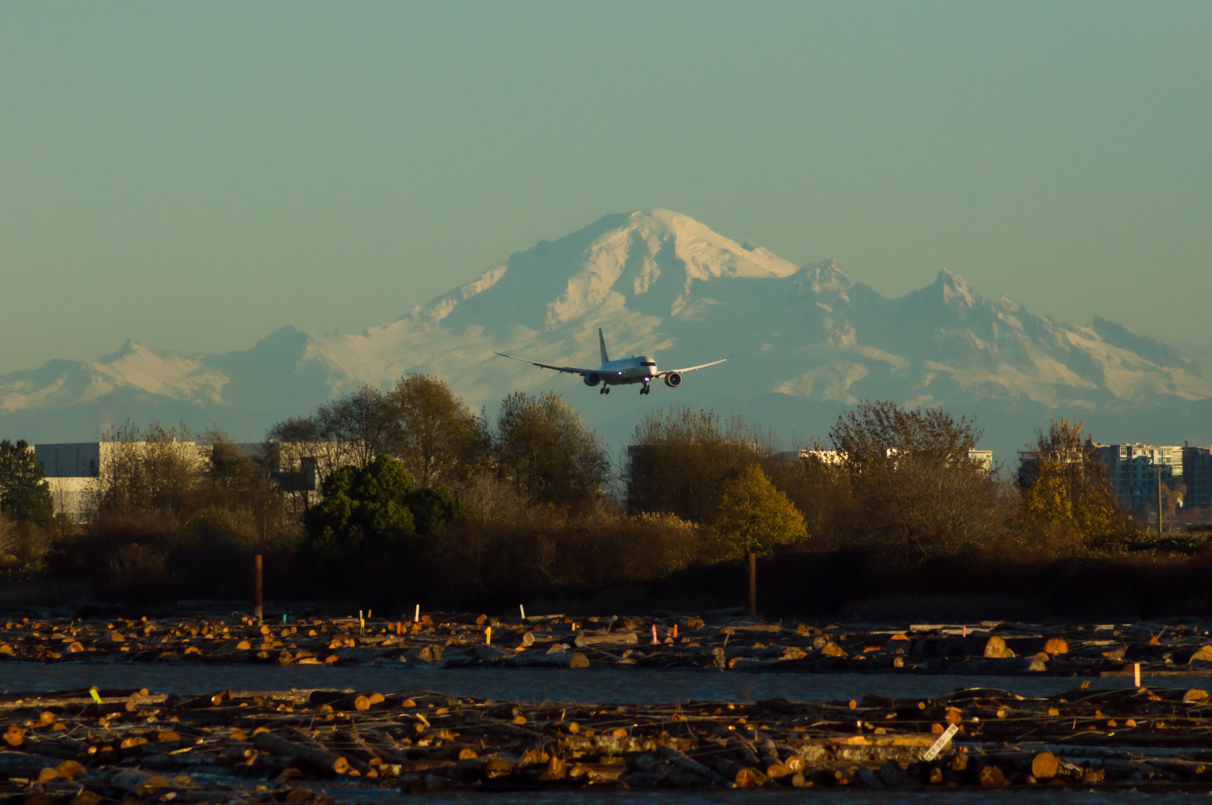 A passenger jet approaches Vancouver airport with Mt Baker in the background and a log pond in the foreground. — lounges at Vancouver Airport