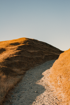 A serene gravel pathway through the golden hills of Tudweiliog, Wales, captured during sunset.