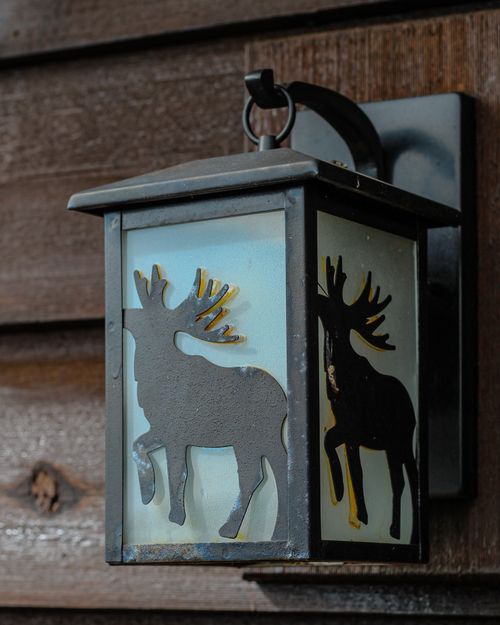 Free A close-up of a rustic outdoor lantern with moose design, mounted on a wooden wall. Stock Photo