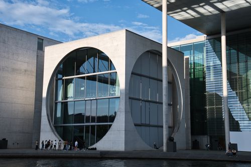 Free Exterior view of the contemporary Marie-Elisabeth-Lüders-Haus in Berlin's government district along the Spree River. Stock Photo