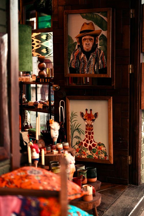 Free Colorful room with unique animal portraits, vibrant decor, and eclectic furnishings. Stock Photo