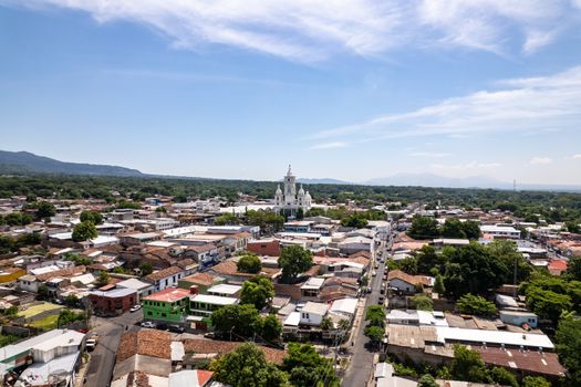 Stunning aerial view of Zacatecoluca, El Salvador, featuring the iconic church amidst the cityscape.