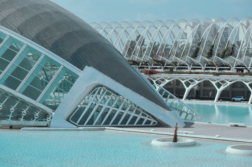 Free Futuristic architecture and reflections at City of Arts and Sciences, Valencia. Stock Photo