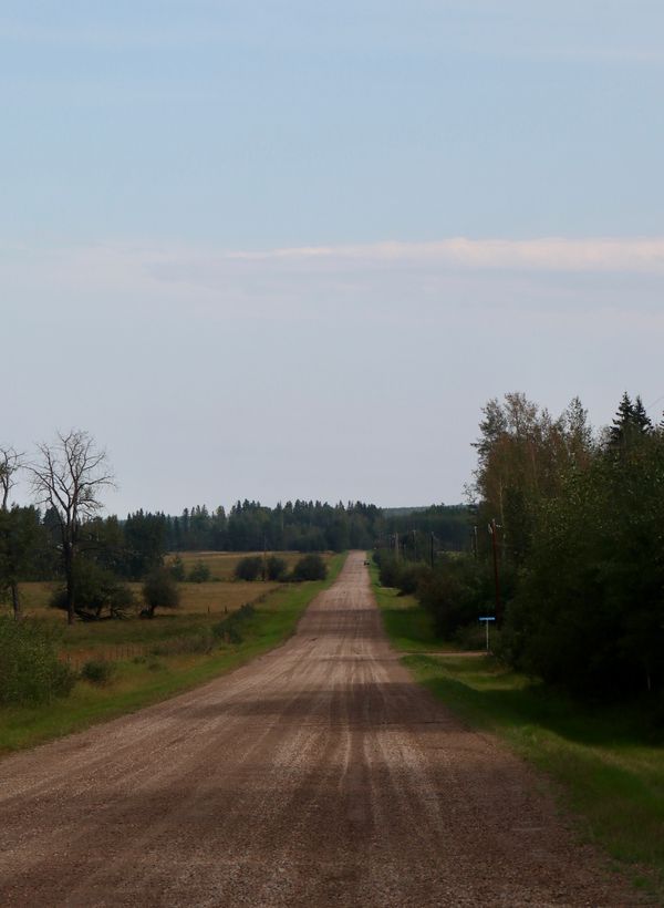 Wide dirt road running through open countryside