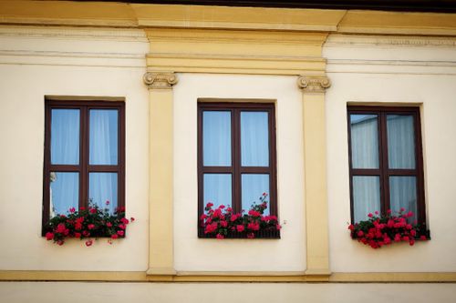 Free Elegant building façade featuring three windows with vibrant flower boxes. Stock Photo