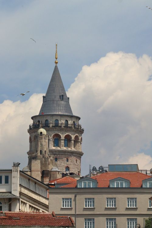 Free View of the historic Galata Tower rising above the rooftops in Istanbul, Türkiye. Stock Photo