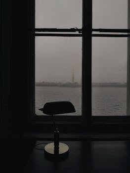 雨窗衬托着台灯的剪影，俯瞰河流，营造出喜怒无常的氛围