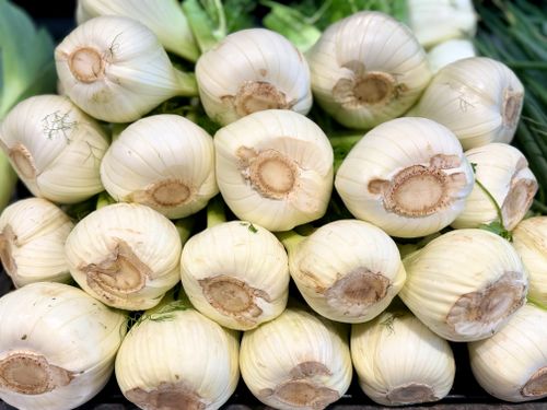 Free Close-up of fresh fennel bulbs neatly stacked at a market in Maribyrnong, Victoria. Stock Photo