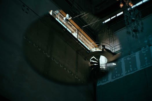 Low-angle view of a spiral staircase in an industrial setting with metal railings and dramatic lighting.