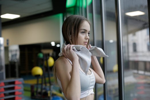 A young woman in a gym leaning against the window after a workout.