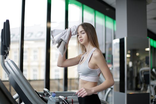 A young woman exercising on a treadmill indoors, listening to music and staying fit and healthy.