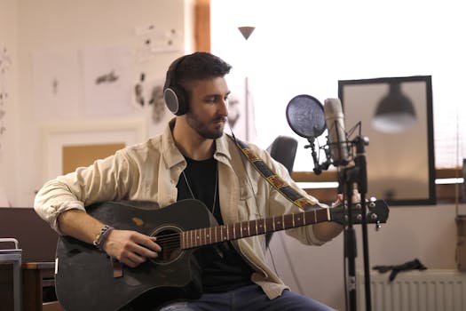 Musician playing acoustic guitar while recording in a home studio setting with headphones.