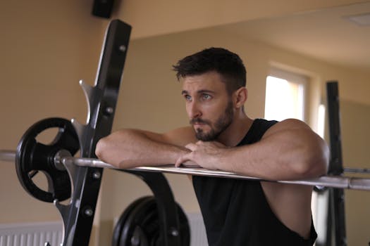 Concentrated muscular bearded sportsman in black activewear leaning on metal barbell and looking away while resting during training in modern gym