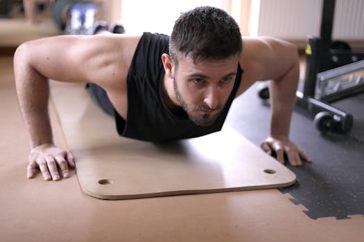 A dedicated adult man doing push-ups on a mat in a gym setting.