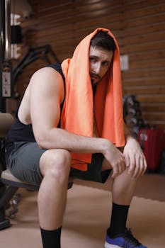 A muscular man taking a break in a gym setting, draped with an orange towel.