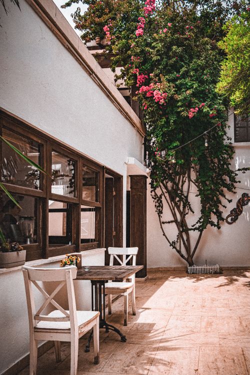 Free Cozy outdoor patio area with a wooden table and blooming vines. Perfect for relaxation and enjoying nature. Stock Photo