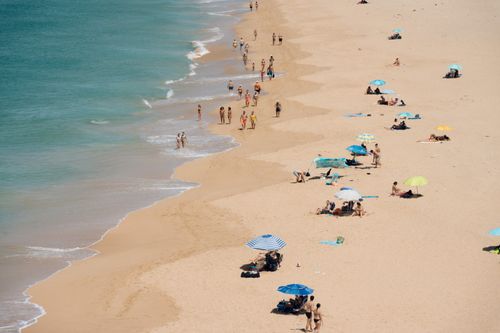 Free Aerial view of a crowded sandy beach with sunbathers and colorful umbrellas on a sunny day. Stock Photo