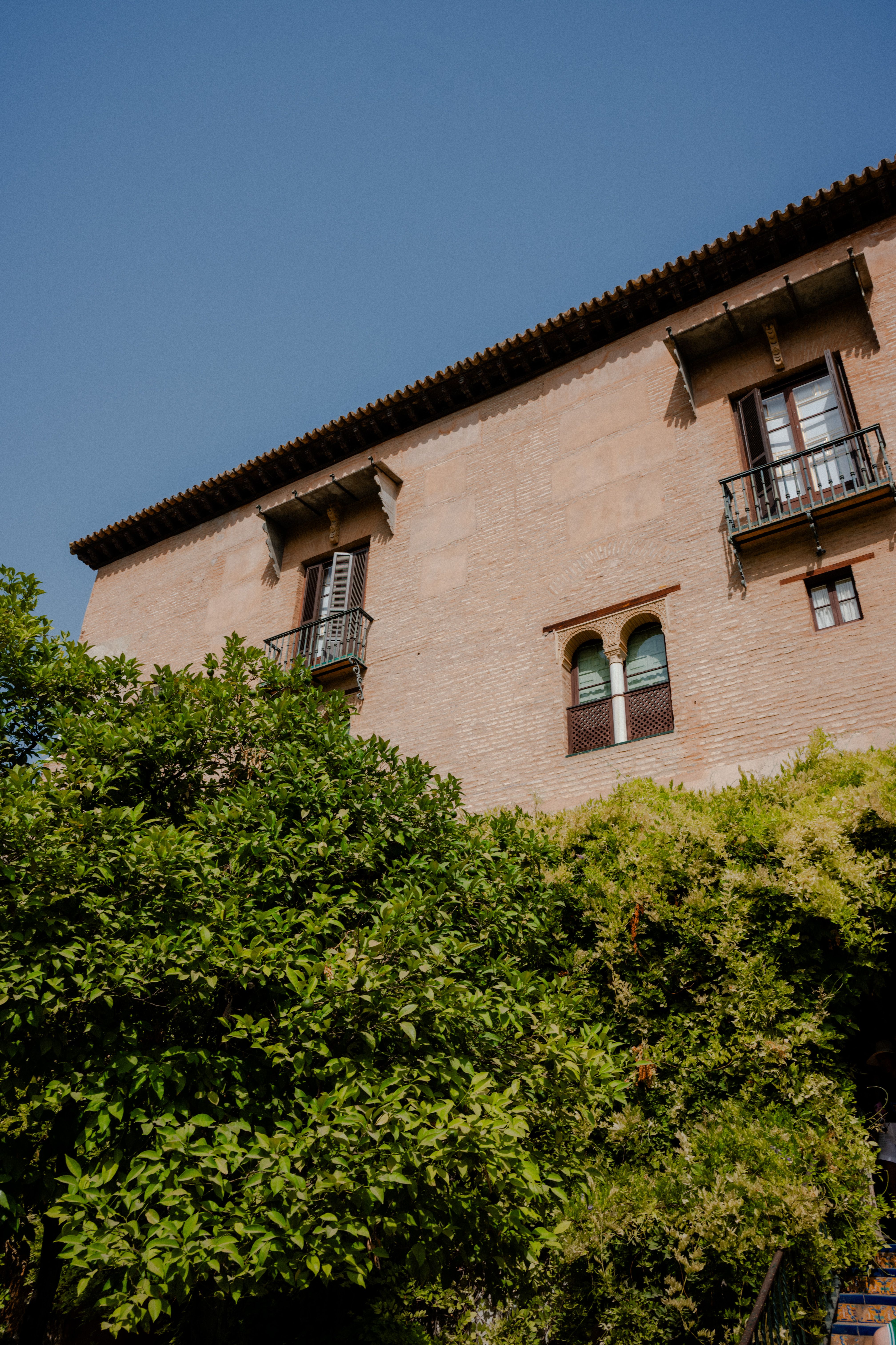 Historical building façade with lush greenery and clear blue sky, offering a serene architectural scene.