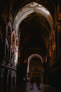 A dramatic view of a Gothic cathedral interior with striking arches and dim lighting.