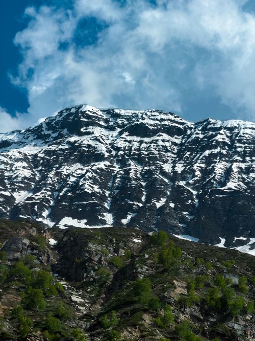 Free Snow-covered peaks of the Himalayas under a clear blue sky with lush greenery below. Stock Photo