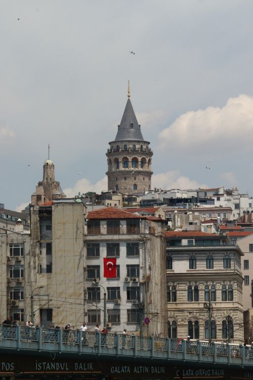 Free View of the historic Galata Tower surrounded by buildings in İstanbul, Türkiye. Stock Photo