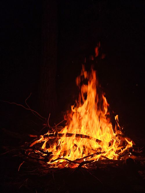 Free Warm glowing campfire with orange flames in a dark setting, perfect for outdoor nights. Stock Photo