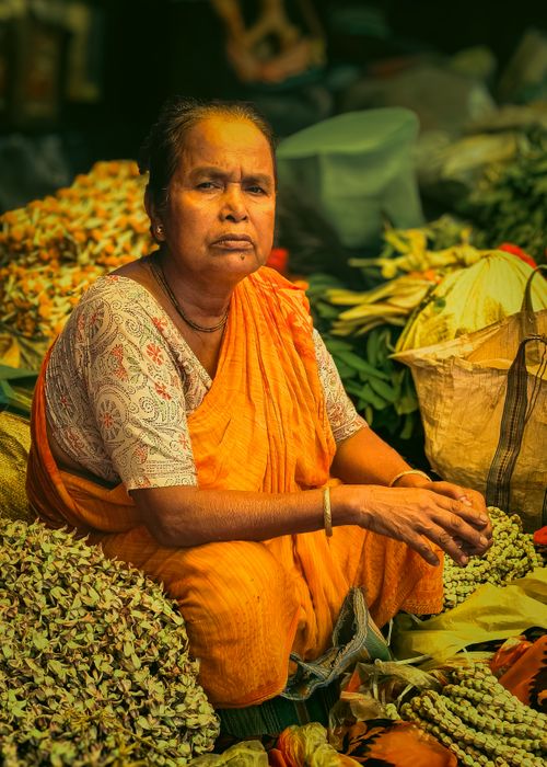 Free An Indian woman in traditional attire sells fresh produce at an outdoor market in Kolkata. Stock Photo