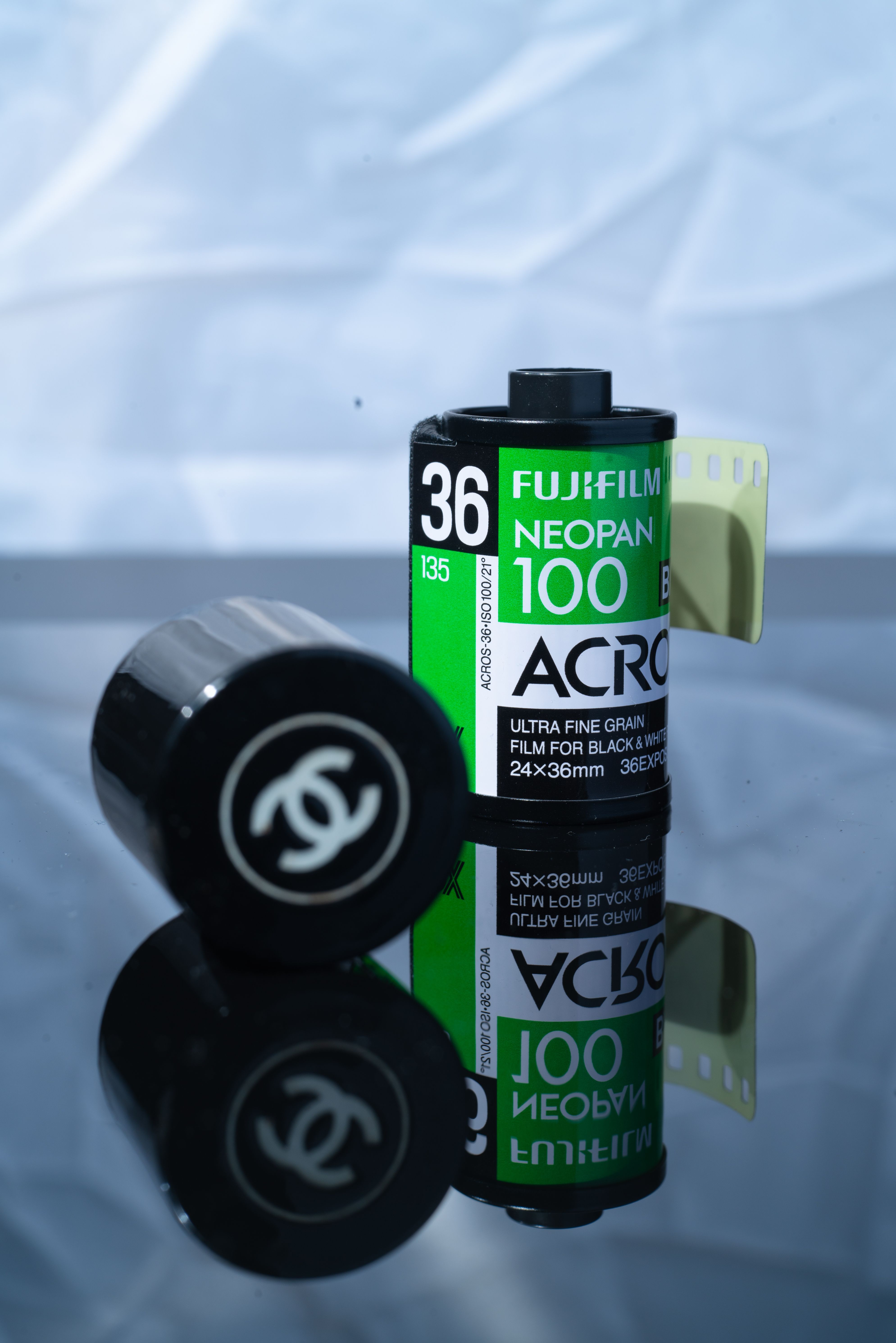 High-quality Fujifilm Neopan 100 Acros black and white roll film displayed.