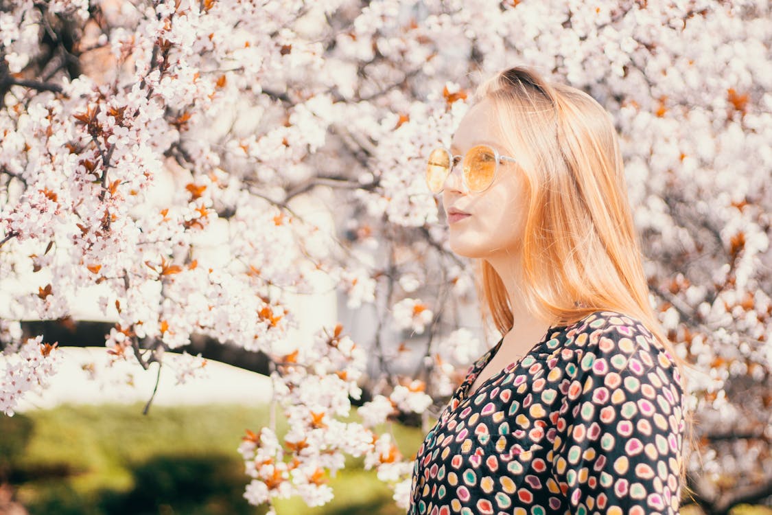 Free Side view of calm young woman standing against tree branches with white flowers Stock Photo