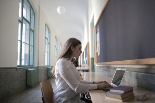 Free Side view of young brown haired concentrated woman typing on laptop while sitting at table with books Stock Photo