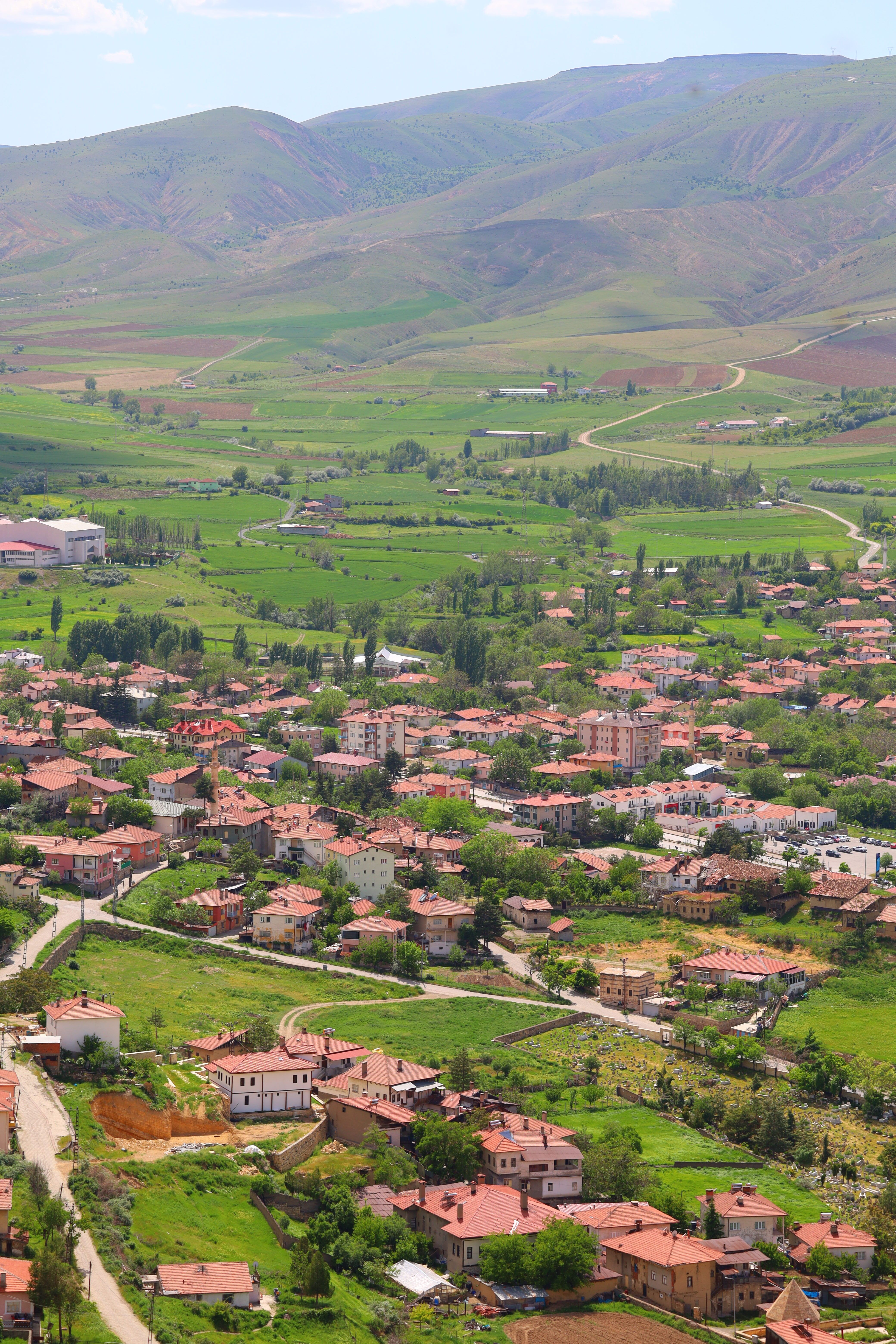 Charming village nestled in lush green hills with vibrant landscape.