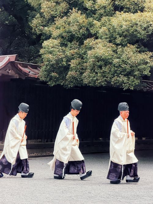 Free Shinto priests in traditional attire walking at Meiji Shrine, Tokyo. Stock Photo