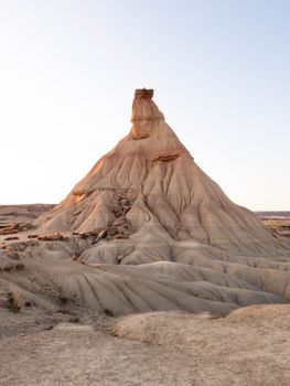 Eroded formation Castildetierra in Bardenas Reales, Navarra, at sunset.
