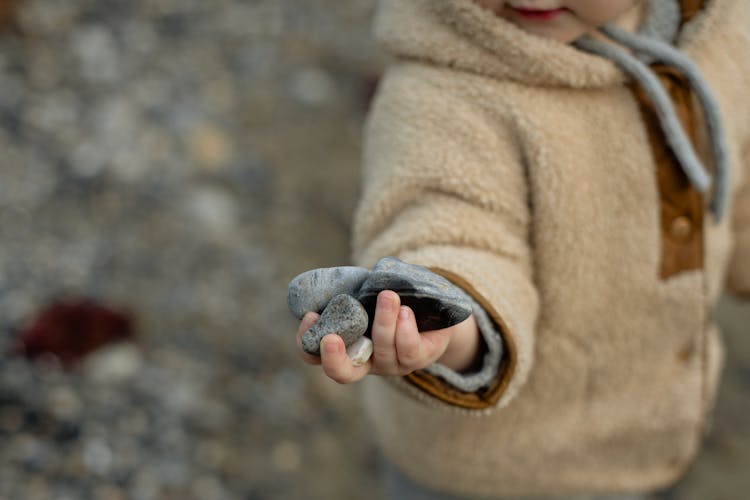 Curious Little Kid In Warm Coat Holding Stones In Hand On Shore