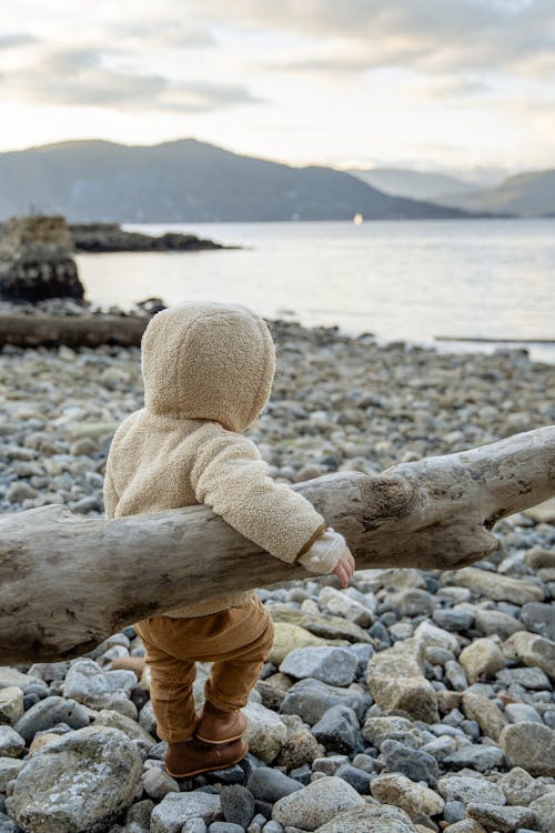 Side view of unrecognizable little kid in warm coat leaning on log and admiring calm water while standing on stony coast in overcast day in autumn