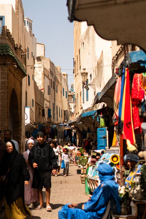 Free Bustling street market in the historic city of Essaouira, showcasing traditional Moroccan culture. Stock Photo