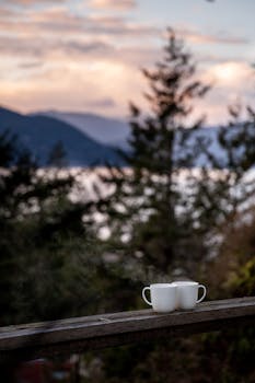 日落时分，木栏杆上放着两个咖啡杯，风景宁静