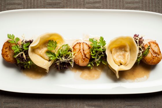 Long white plate with alternating seared scallops, large tortellini, microgreens and a light brown sauce