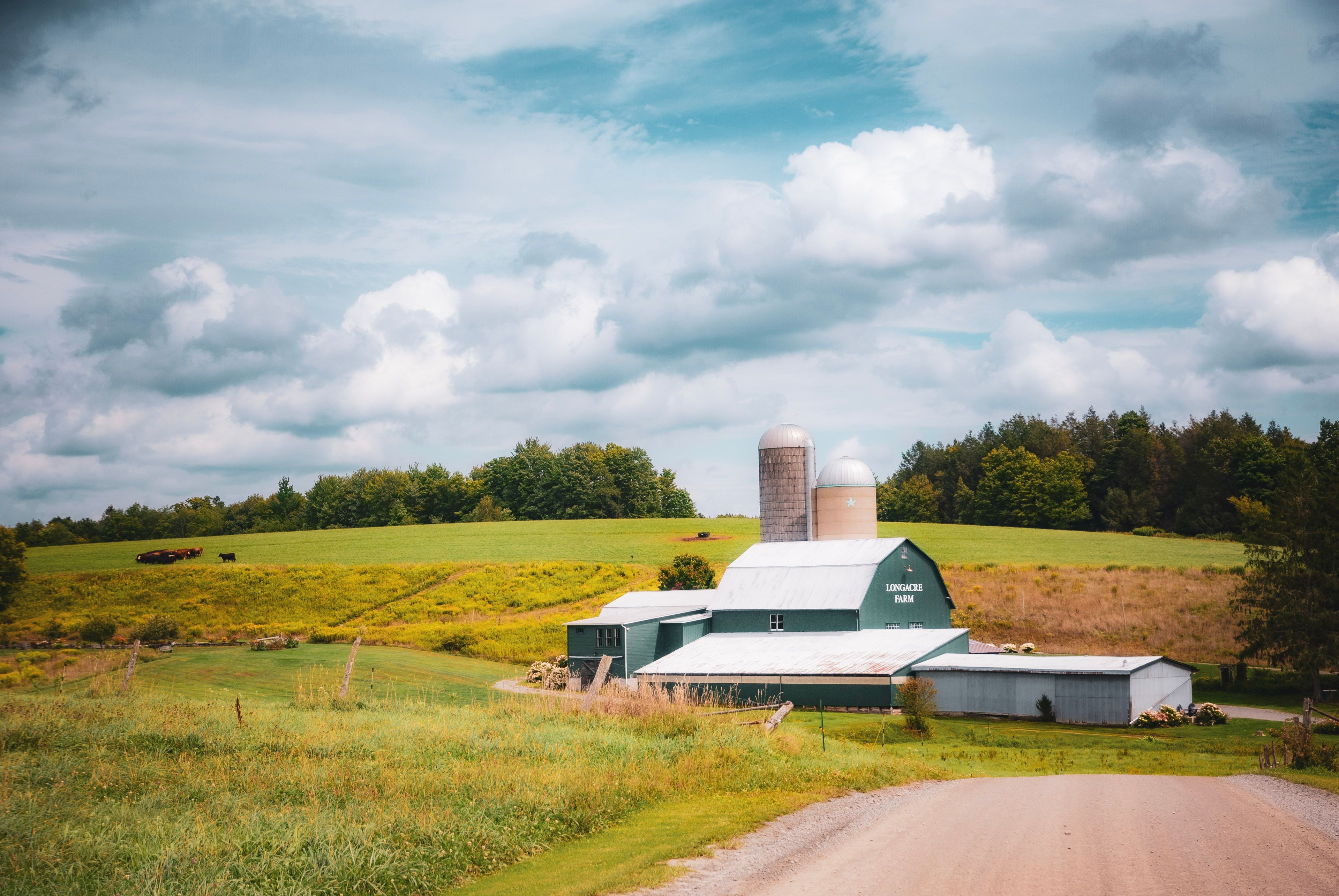 Beautiful countryside farm with a barn and silo under a cloudy sky. Perfect for rural and agricultural themes.