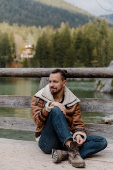 一个穿着温暖外套的男人，坐在秋天树木环绕的宁静湖边