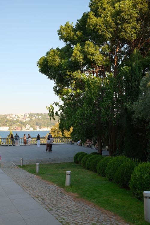 Free Lush waterfront park with visitors enjoying nature and scenic views on a sunny day. Stock Photo