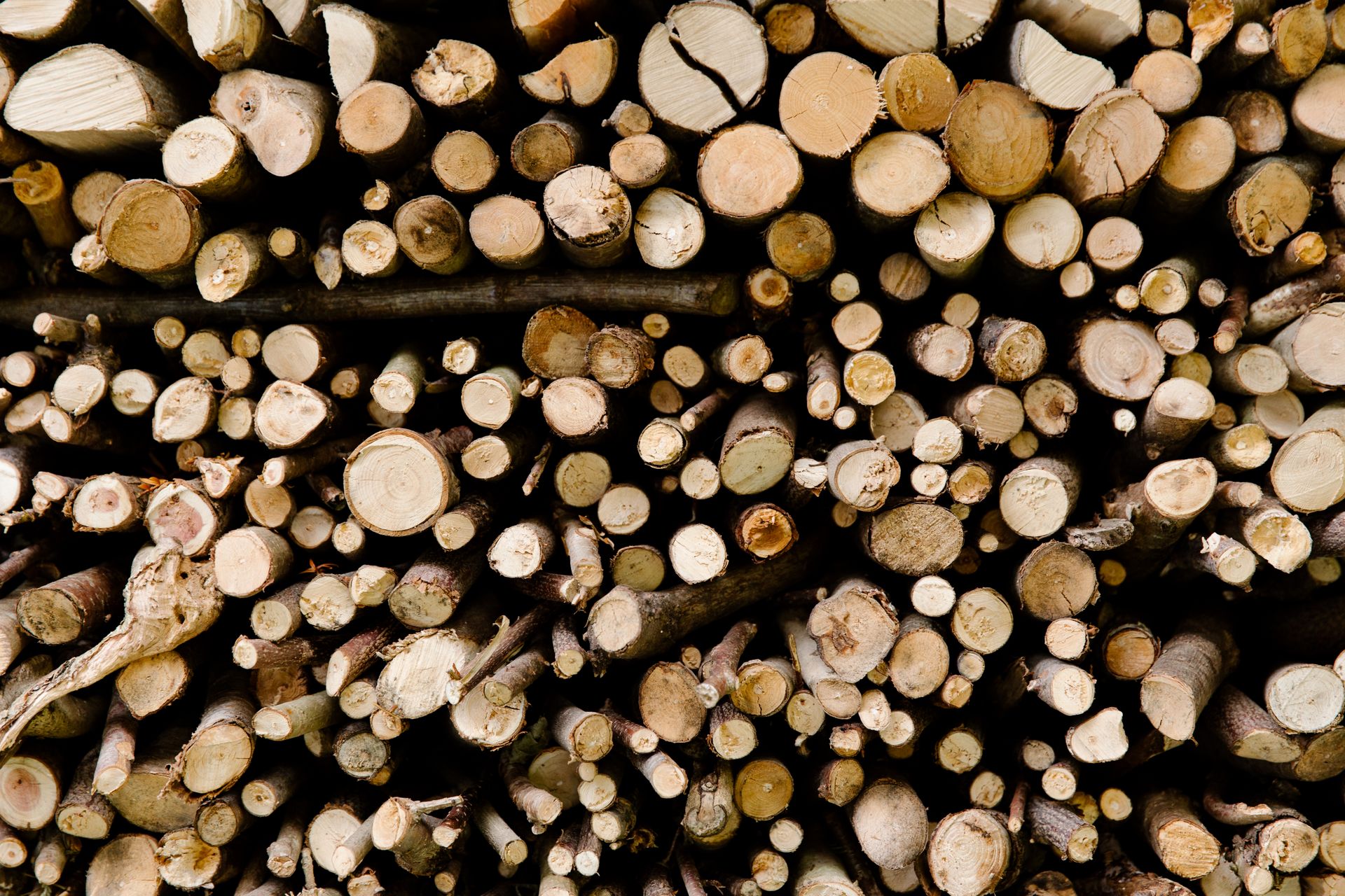 Close-up of neatly stacked chopped firewood logs showing natural wood texture for heating or crafting.