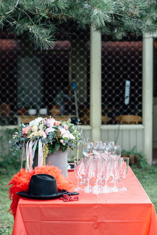 Banquet table with flowers and glasses