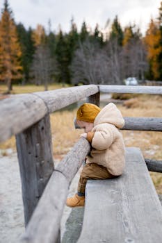 在风景秀丽的秋天，穿着温暖可爱衣服的蹒跚学步的孩子正享受着木板凳