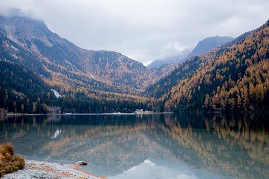 宁静的高山湖泊上，秋天的树叶在平静的水面倒映着