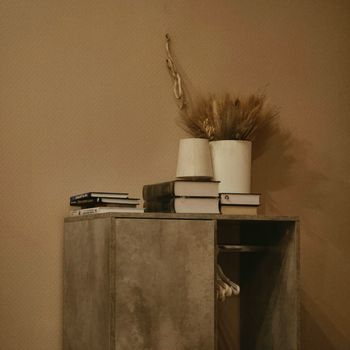 A cozy minimalist interior with books, vases, and dried wheat on a cupboard.（イメージ）