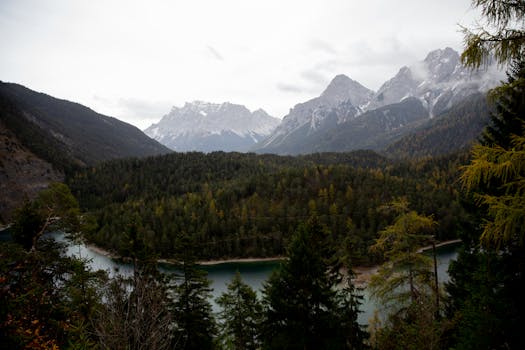 一个宁静的高山湖泊，周围环绕着茂密的森林和高耸的山峰，展现出最美的自然风光