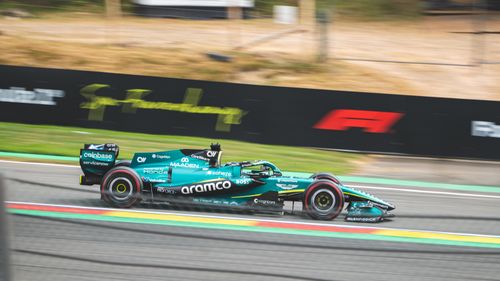 Free Fast-moving Formula 1 car at Spa-Francorchamps circuit in Stavelot, Belgium. Stock Photo