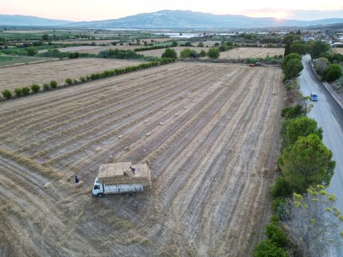 Free Drone captures hay bales being loaded onto a truck in a vast field in Denizli, Türkiye. Stock Photo
